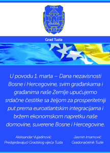 Grad Tuzla: Čestitka u povodu 1. marta Dana nezavisnosti Bosne i Hercegovine